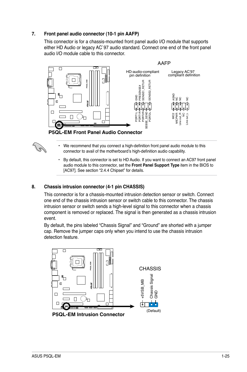 P5ql-em.front.panel.audio.connector, Aafp, Chassis | Asus P5QL-EM User Manual | Page 35 / 64