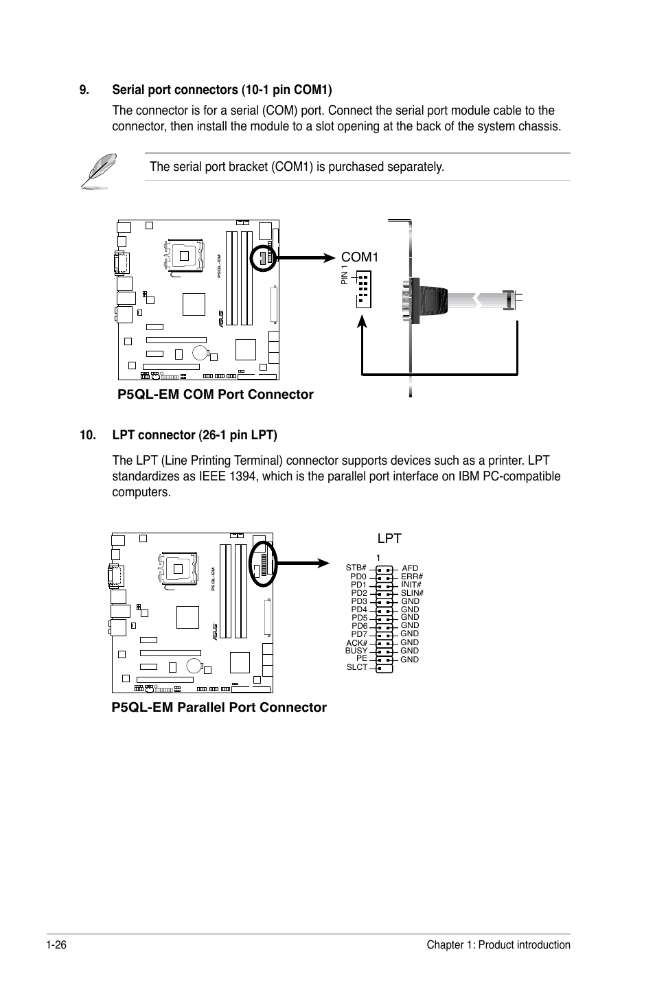 Com1 p5ql-em.parallel.port.connector | Asus P5QL-EM User Manual | Page 36 / 64