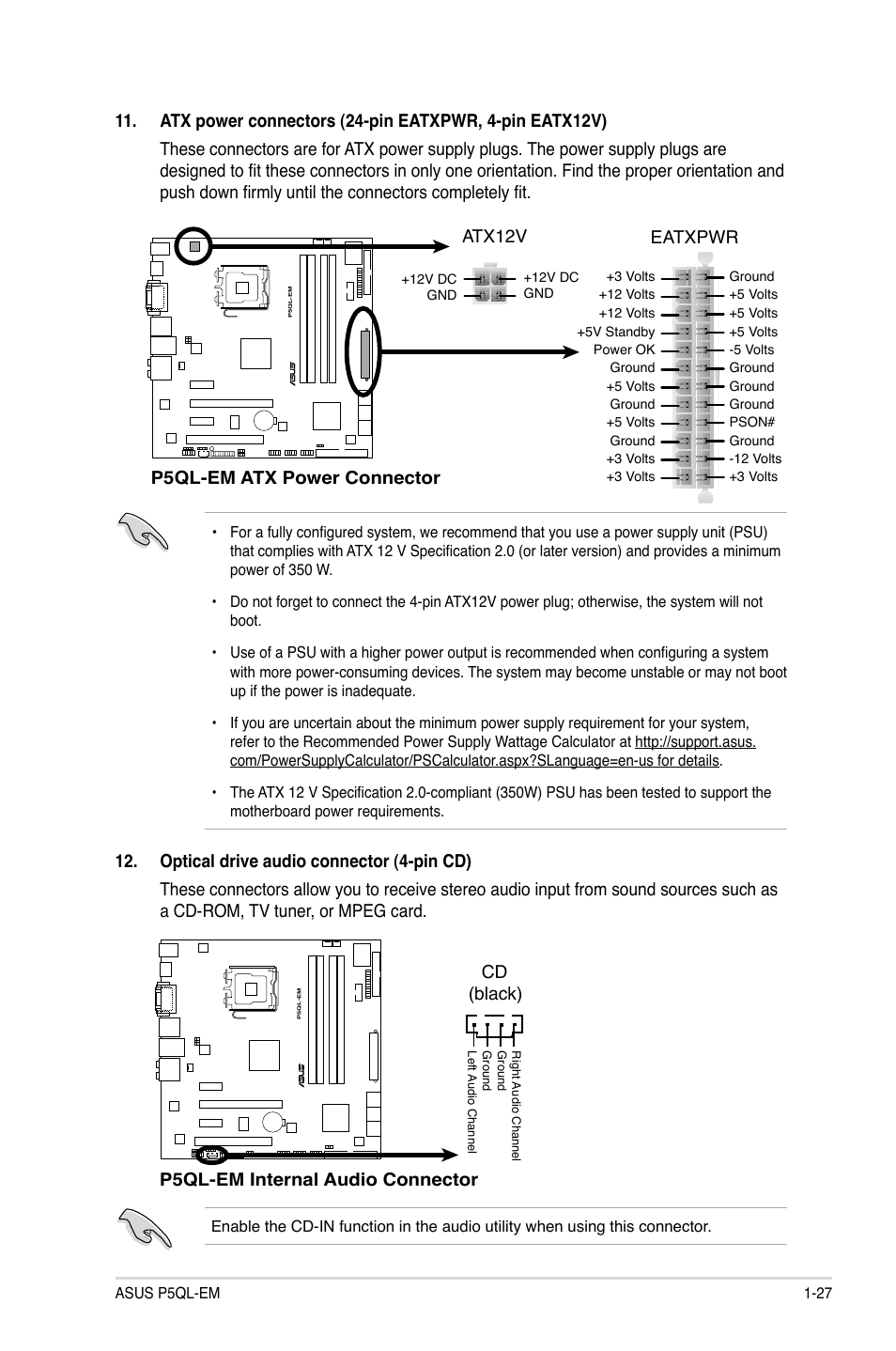 P5ql-em.atx.power.connector, Eatxpwr, Atx12v | Cd (black) | Asus P5QL-EM User Manual | Page 37 / 64