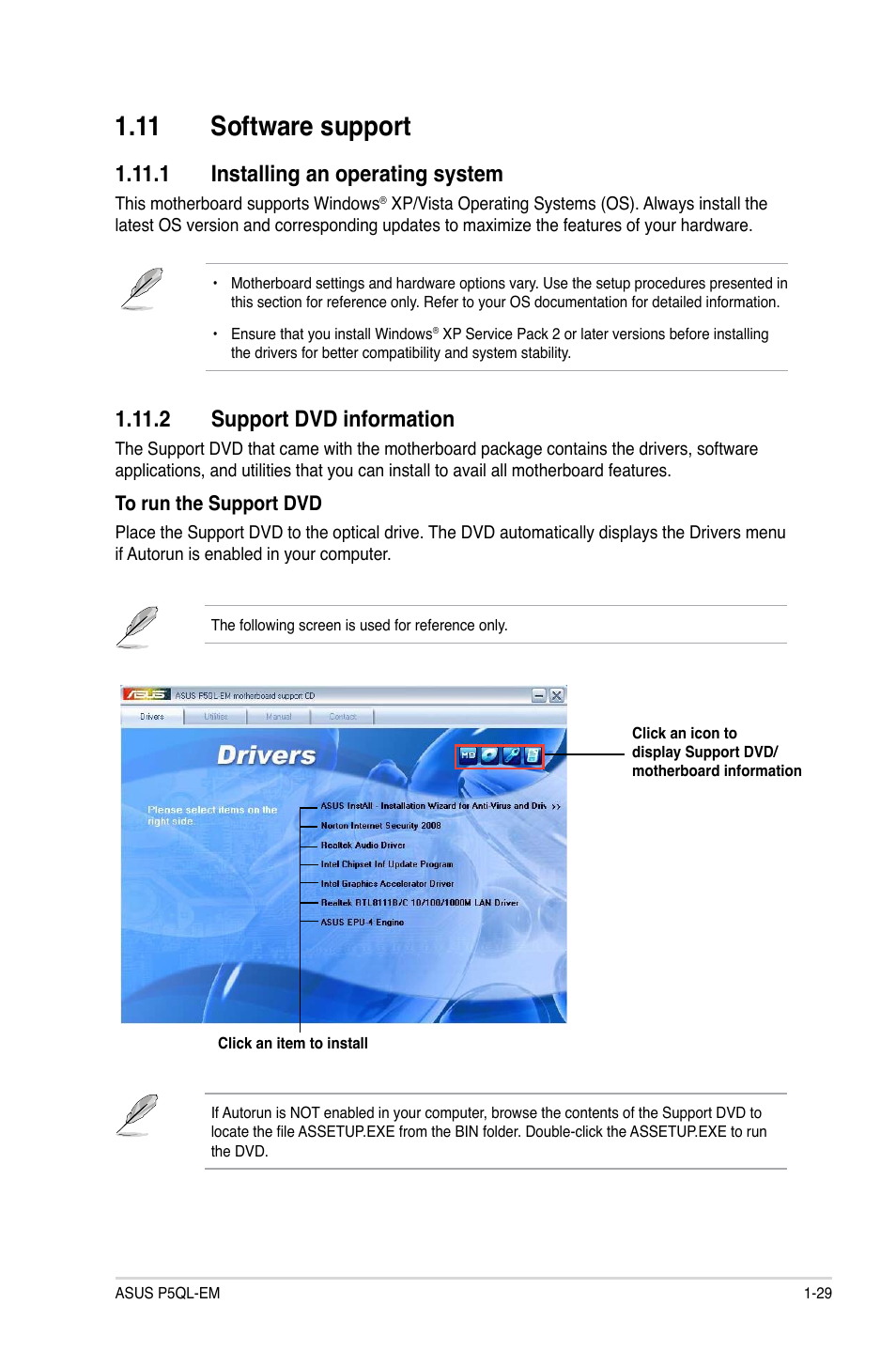 Software.support, Installing.an.operating.system, Support.dvd.information | Asus P5QL-EM User Manual | Page 39 / 64