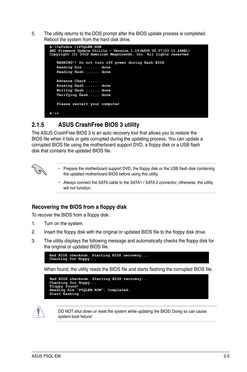 Asus.crashfree.bios.3.utility, Recovering the bios from a floppy disk | Asus P5QL-EM User Manual | Page 45 / 64