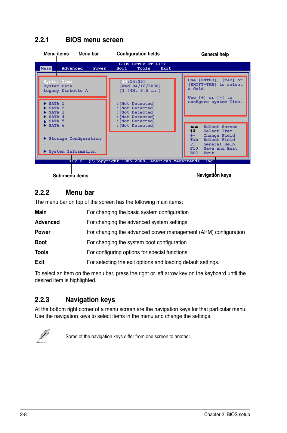 Bios.menu.screen, Menu.bar, Navigation.keys | Asus P5QL-EM User Manual | Page 48 / 64