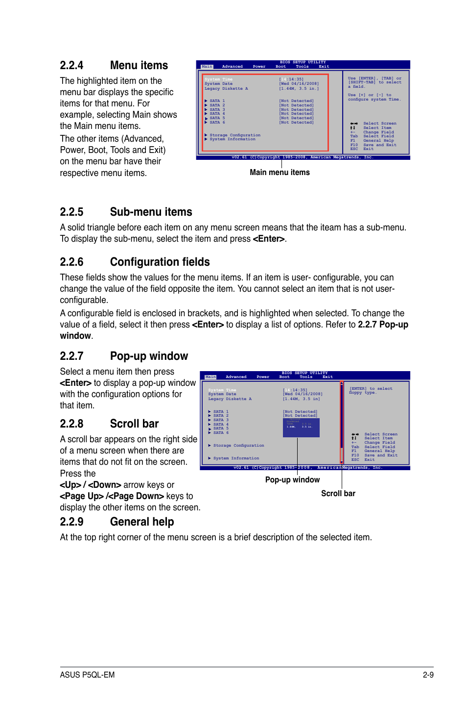 Menu.items, Sub-menu.items, 6 configuration fields | Pop-up.window, Scroll.bar, General.help, Asus p5ql-em 2-9, Pop-up.window scroll.bar, Main.menu.items | Asus P5QL-EM User Manual | Page 49 / 64