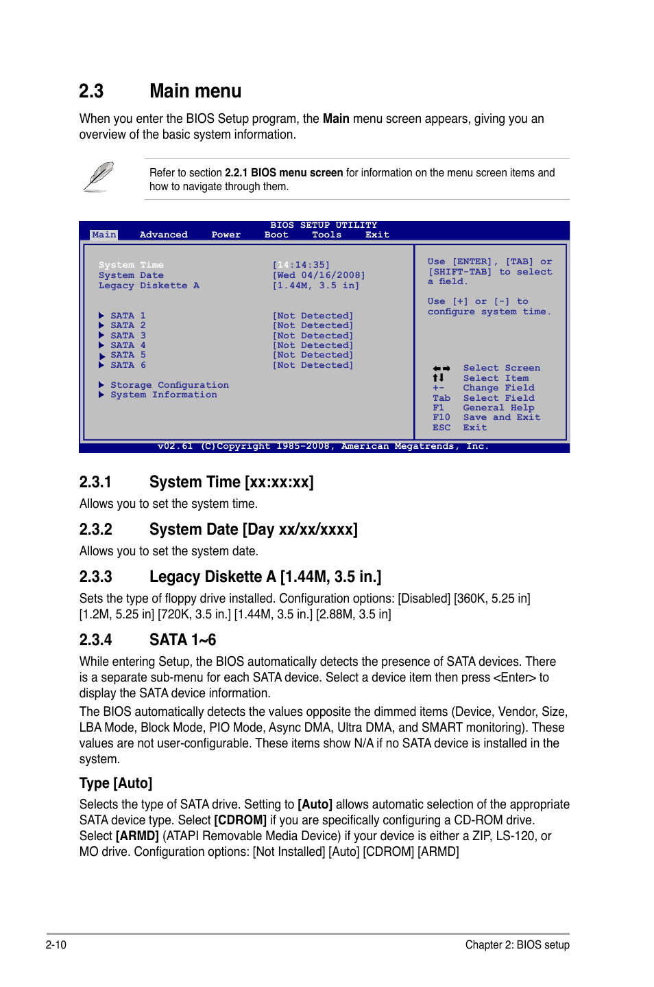 Main.menu, System.time.[xx:xx:xx, Sata.1~6 | Type.[auto | Asus P5QL-EM User Manual | Page 50 / 64