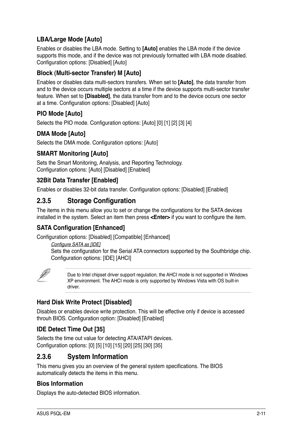 5 storage configuration, System.information | Asus P5QL-EM User Manual | Page 51 / 64