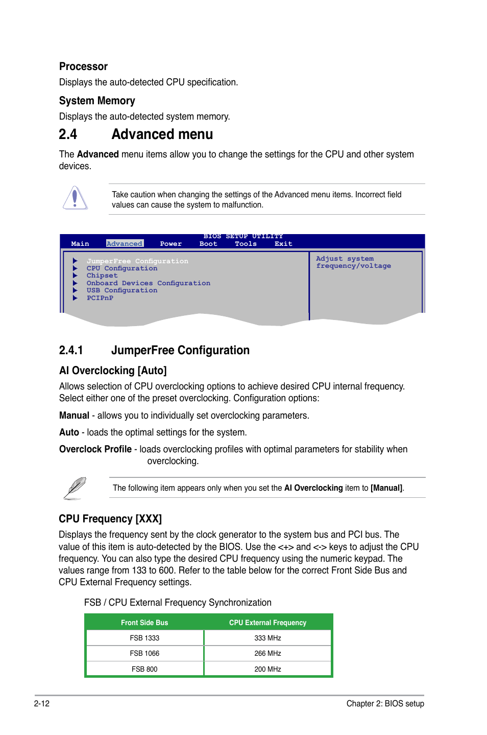 Advanced.menu, 1 jumperfree configuration, Processor | Ai.overclocking.[auto, Cpu.frequency.[xxx | Asus P5QL-EM User Manual | Page 52 / 64