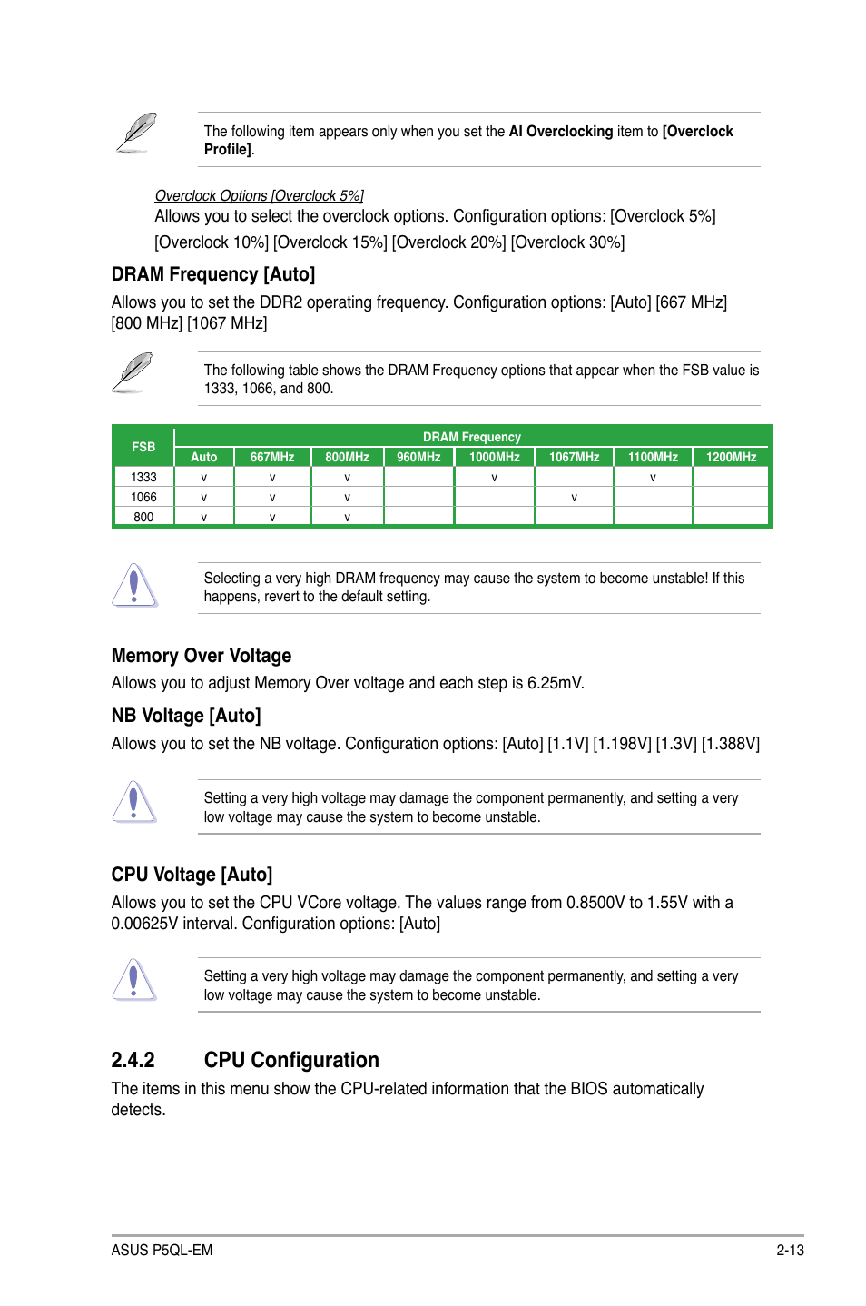 2 cpu configuration, Dram.frequency.[auto, Nb.voltage.[auto | Cpu.voltage.[auto | Asus P5QL-EM User Manual | Page 53 / 64