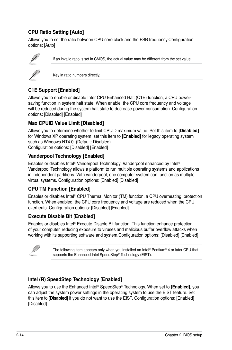 C1e.support.[enabled, Max.cpuid.value.limit.[disabled, Vanderpool.technology.[enabled | Cpu.tm.function.[enabled, Execute.disable.bit.[enabled, Cpu.ratio.setting.[auto, Intel.(r).speedstep.technology.[enabled | Asus P5QL-EM User Manual | Page 54 / 64