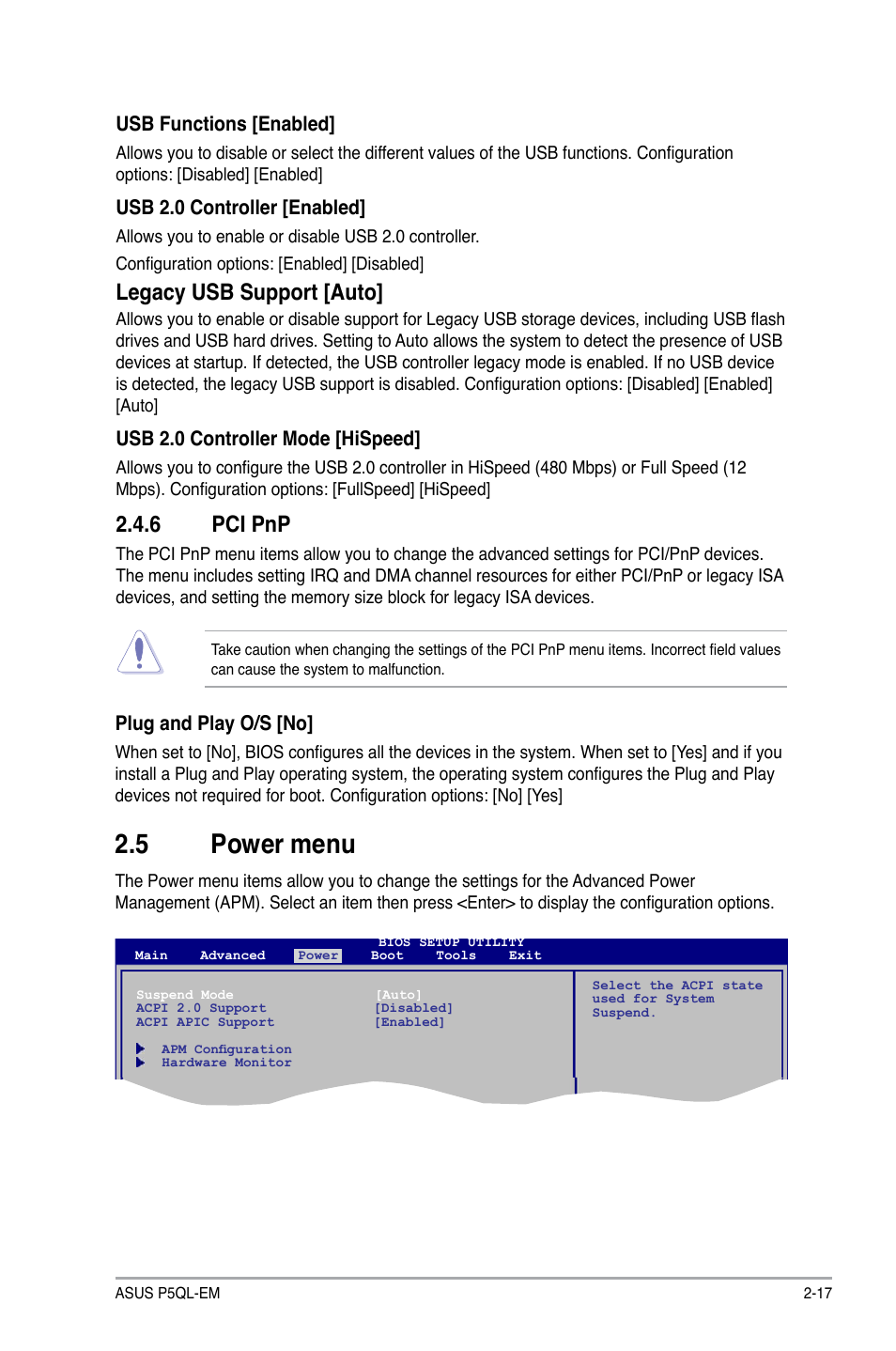 Power.menu, Pci.pnp | Asus P5QL-EM User Manual | Page 57 / 64