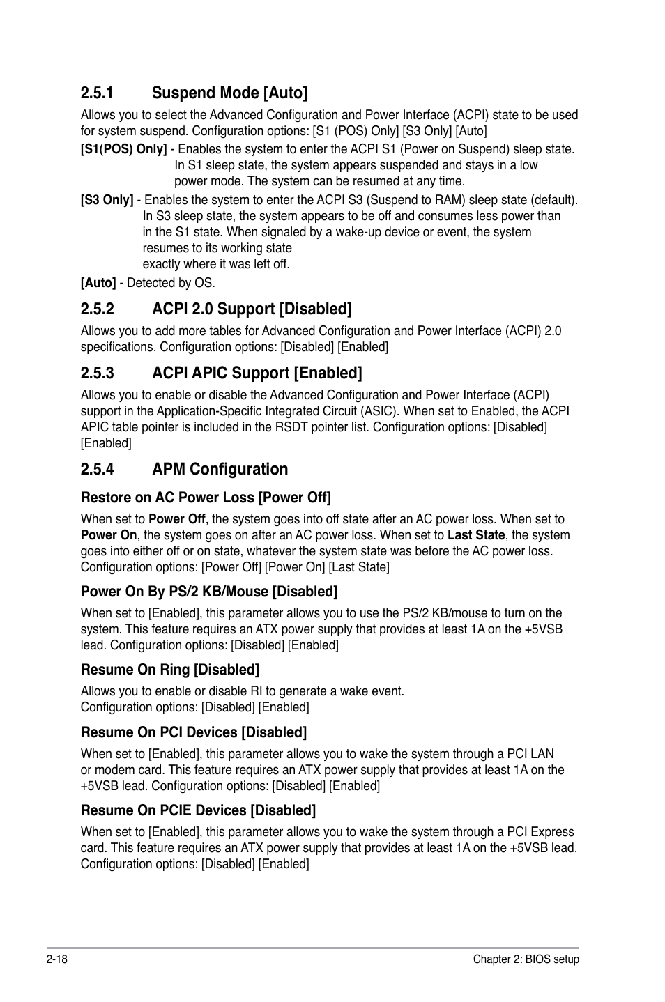 Suspend.mode.[auto, Acpi.2.0.support.[disabled, Acpi.apic.support.[enabled | 4 apm configuration | Asus P5QL-EM User Manual | Page 58 / 64