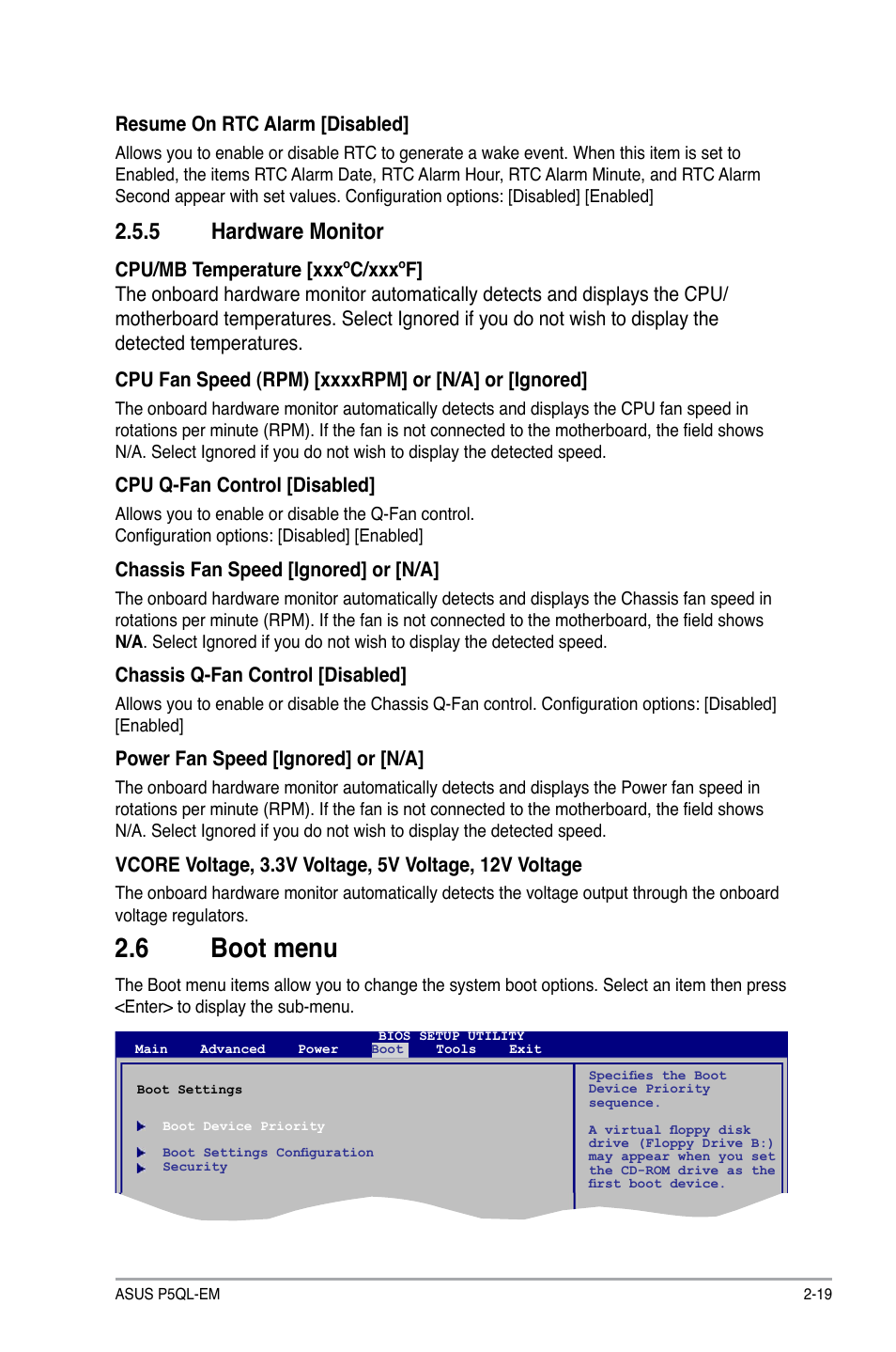 Boot.menu, Hardware.monitor | Asus P5QL-EM User Manual | Page 59 / 64