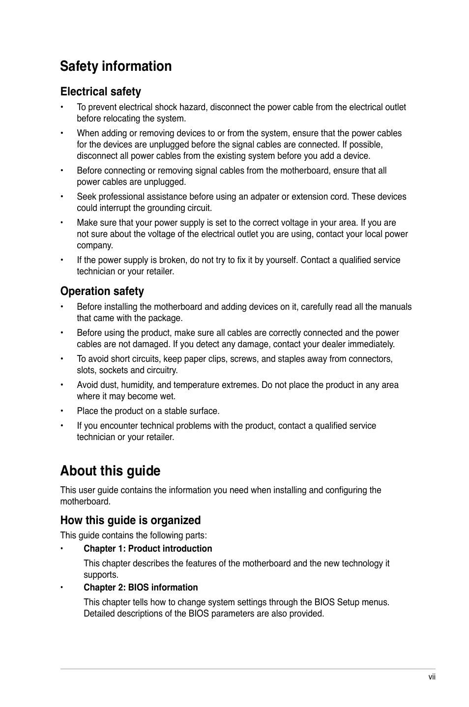 About this guide, Safety information, Safety.information | About.this.guide, Electrical.safety, Operation.safety | Asus P5QL-EM User Manual | Page 7 / 64