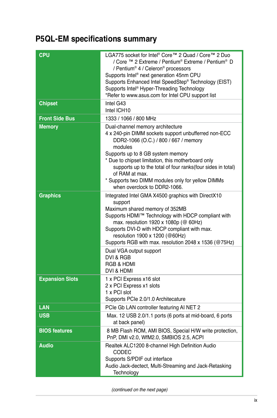 P5ql-em specifications summary | Asus P5QL-EM User Manual | Page 9 / 64