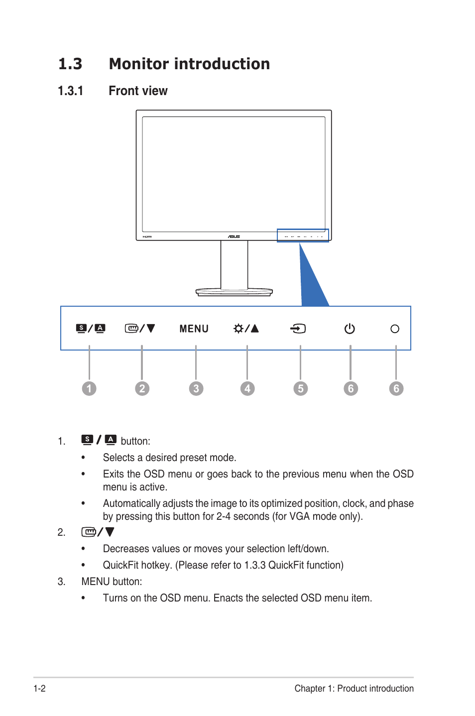 3 monitor introduction, 1 front view, Monitor.introduction -2 1.3.1 | Front view -2, Front.view | Asus VS24AHL User Manual | Page 10 / 26