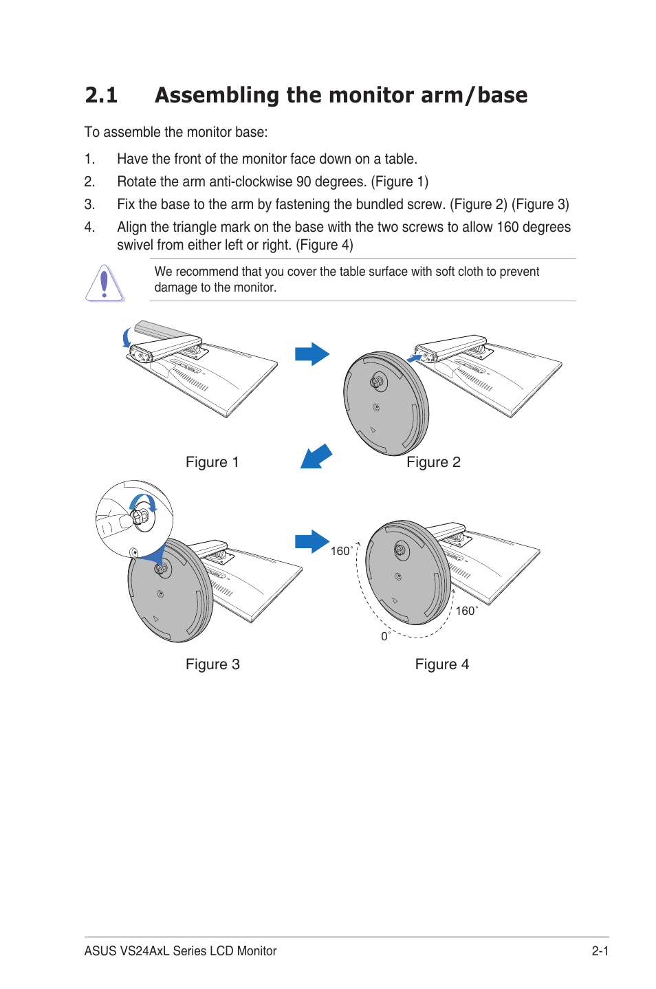 Chapter 2: setup, 1 assembling the monitor arm/base, Chapter.2:.....setup | Assembling.the.monitor.arm/base -1 | Asus VS24AHL User Manual | Page 15 / 26