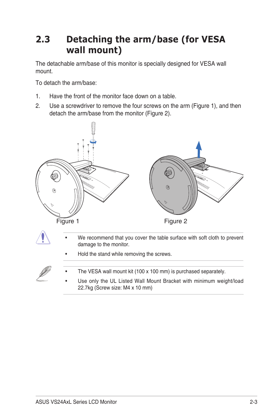 3 detaching the arm/base (for vesa wall mount), Detaching.the.arm/base.(for.vesa.wall.mount) -3 | Asus VS24AHL User Manual | Page 17 / 26