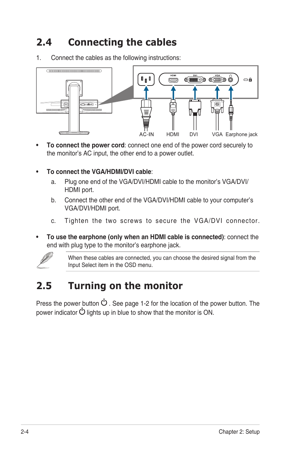 4 connecting the cables, 5 turning on the monitor, Connecting.the.cables -4 | Turning.on.the.monitor -4 | Asus VS24AHL User Manual | Page 18 / 26