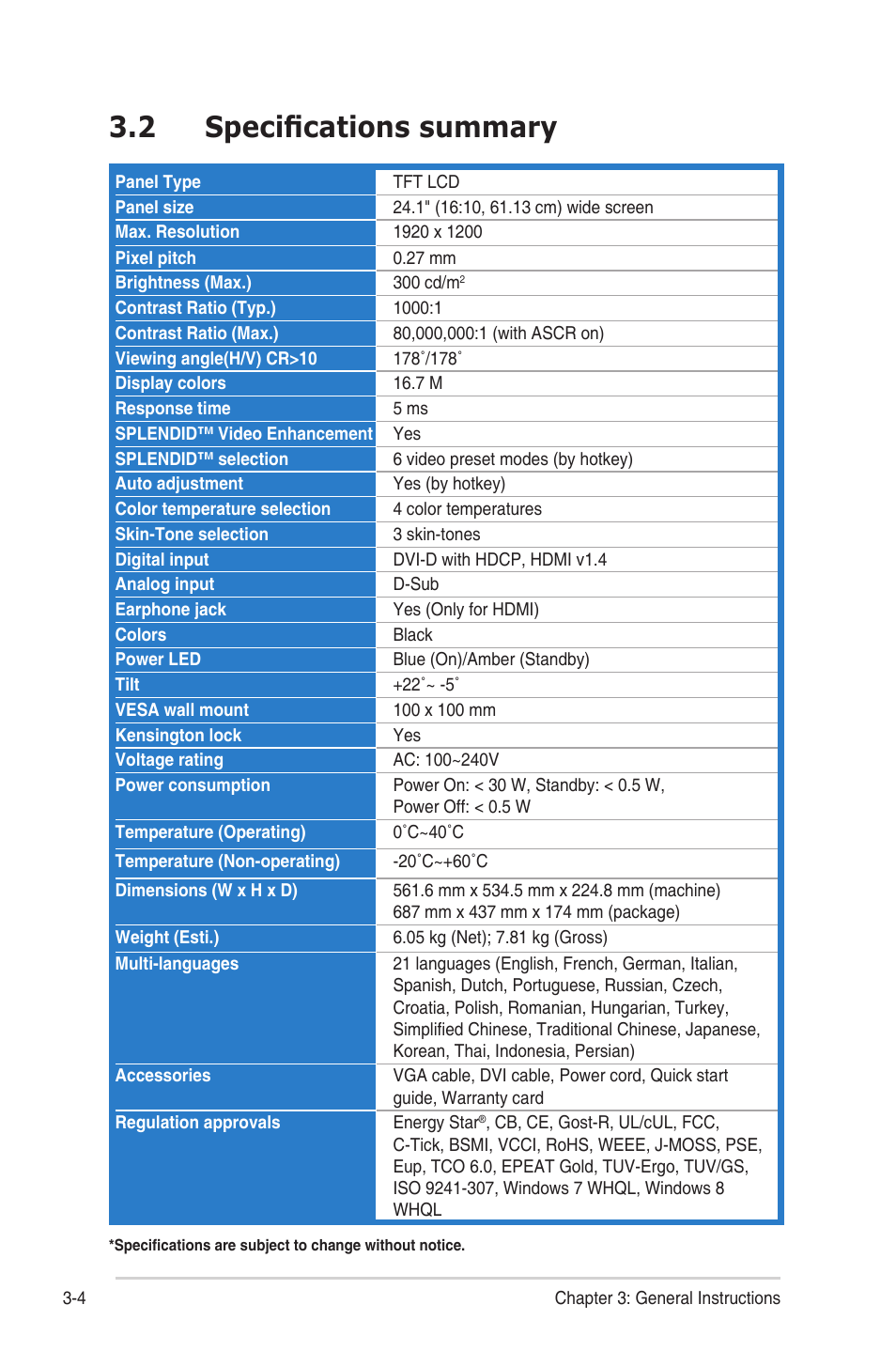 2 specifications summary, Specifications.summary -4 | Asus VS24AHL User Manual | Page 24 / 26