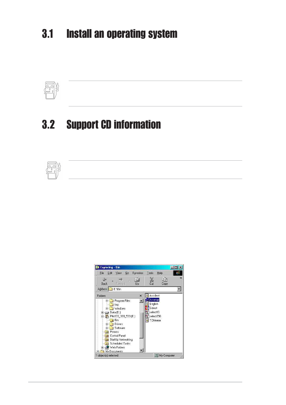 1 install an operating system, 2 support cd information | Asus P4SGL-MX User Manual | Page 57 / 64