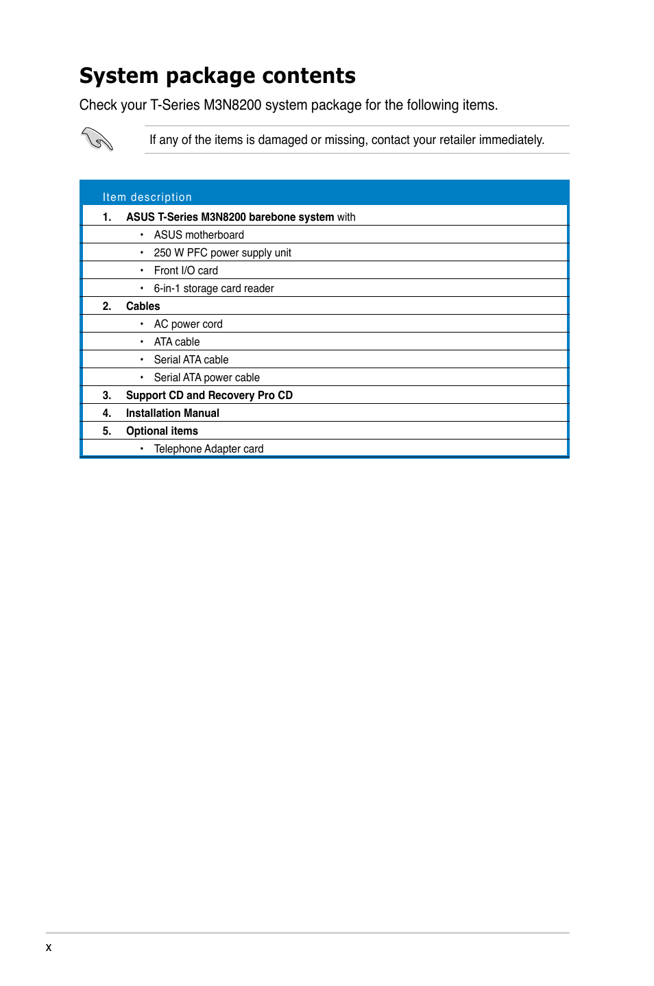 System package contents | Asus T4-M3N8200 User Manual | Page 10 / 92