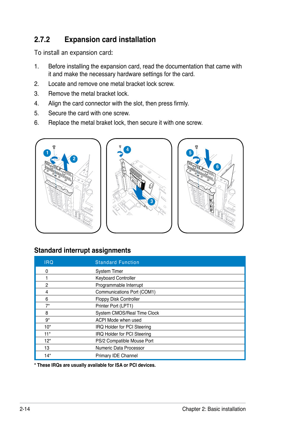 2 expansion card installation, Standard interrupt assignments | Asus T4-M3N8200 User Manual | Page 32 / 92