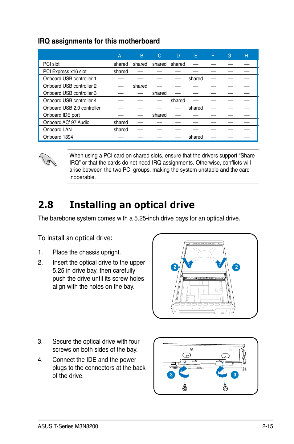 8 installing an optical drive, Irq assignments for this motherboard | Asus T4-M3N8200 User Manual | Page 33 / 92