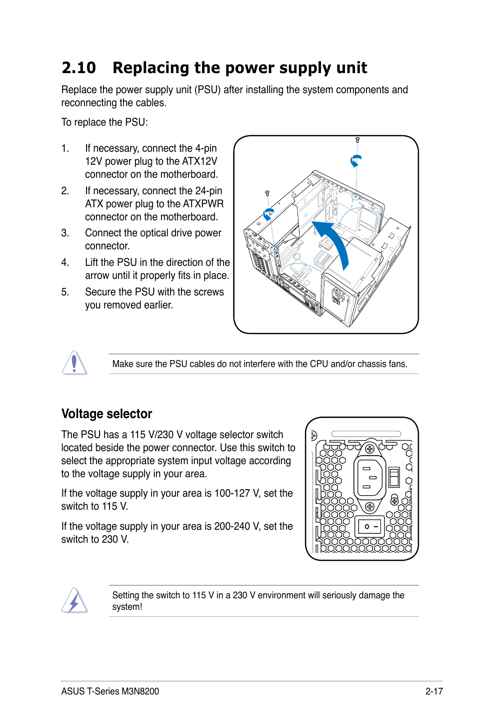 10 replacing the power supply unit, Voltage selector | Asus T4-M3N8200 User Manual | Page 35 / 92