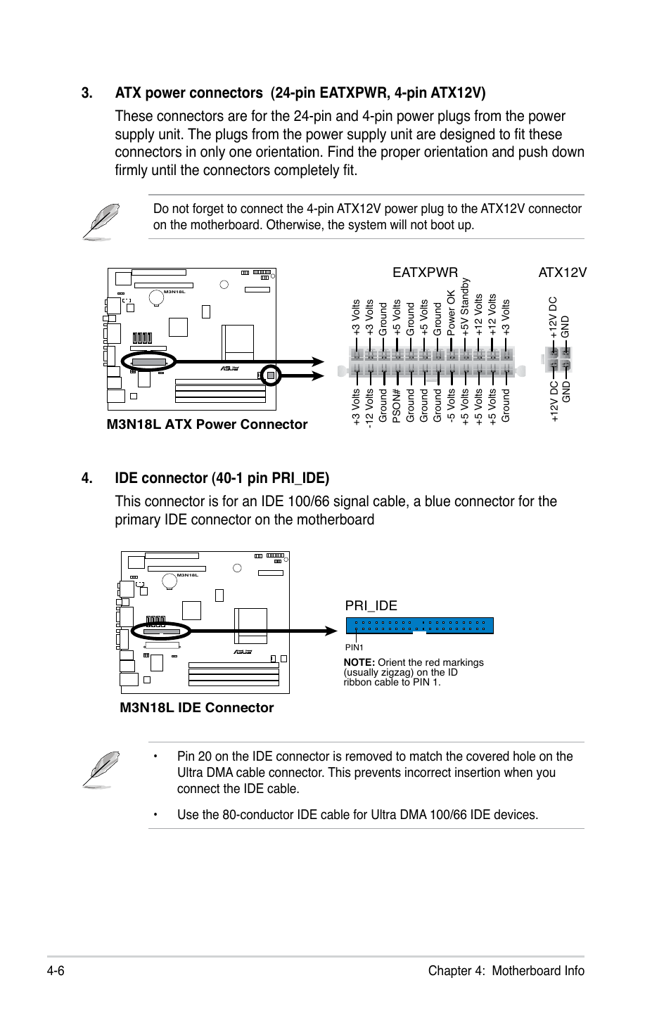 6 chapter 4: motherboard info, M3n18l atx power connector eatxpwr, Atx12v | M3n18l ide connector, Pri_ide | Asus T4-M3N8200 User Manual | Page 48 / 92