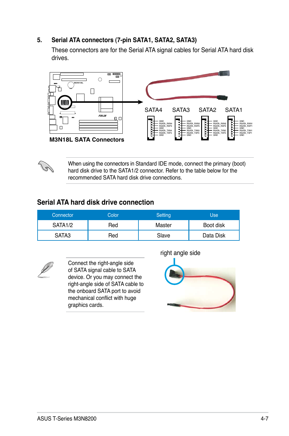 Serial ata hard disk drive connection, Right angle side, M3n18l sata connectors | Sata3, Sata2, Sata1, Sata4 | Asus T4-M3N8200 User Manual | Page 49 / 92