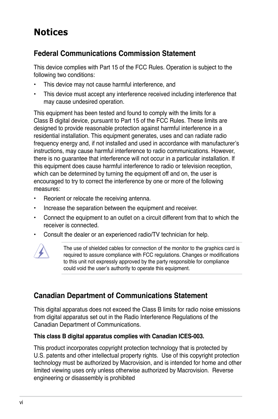 Notices, Federal communications commission statement, Canadian department of communications statement | Asus T4-M3N8200 User Manual | Page 6 / 92