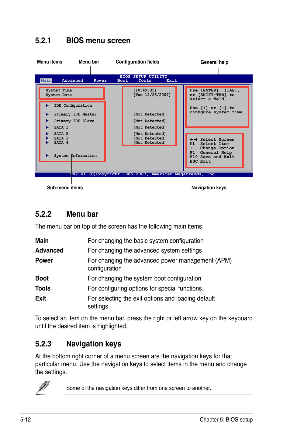 2 menu bar, 1 bios menu screen, 3 navigation keys | Asus T4-M3N8200 User Manual | Page 64 / 92