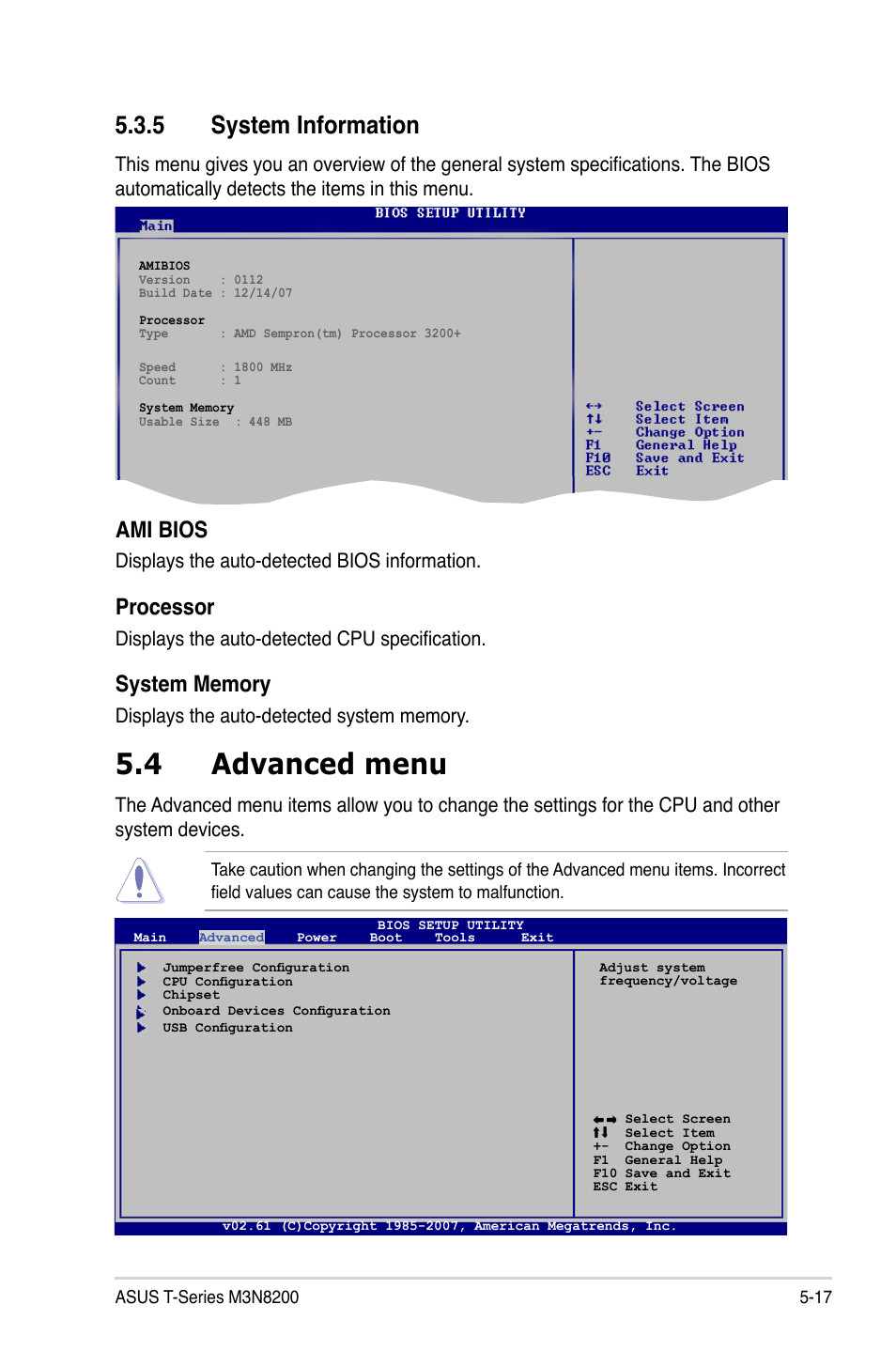 4 advanced menu, 5 system information, Ami bios | Processor, Displays the auto-detected bios information, Displays the auto-detected cpu specification | Asus T4-M3N8200 User Manual | Page 69 / 92