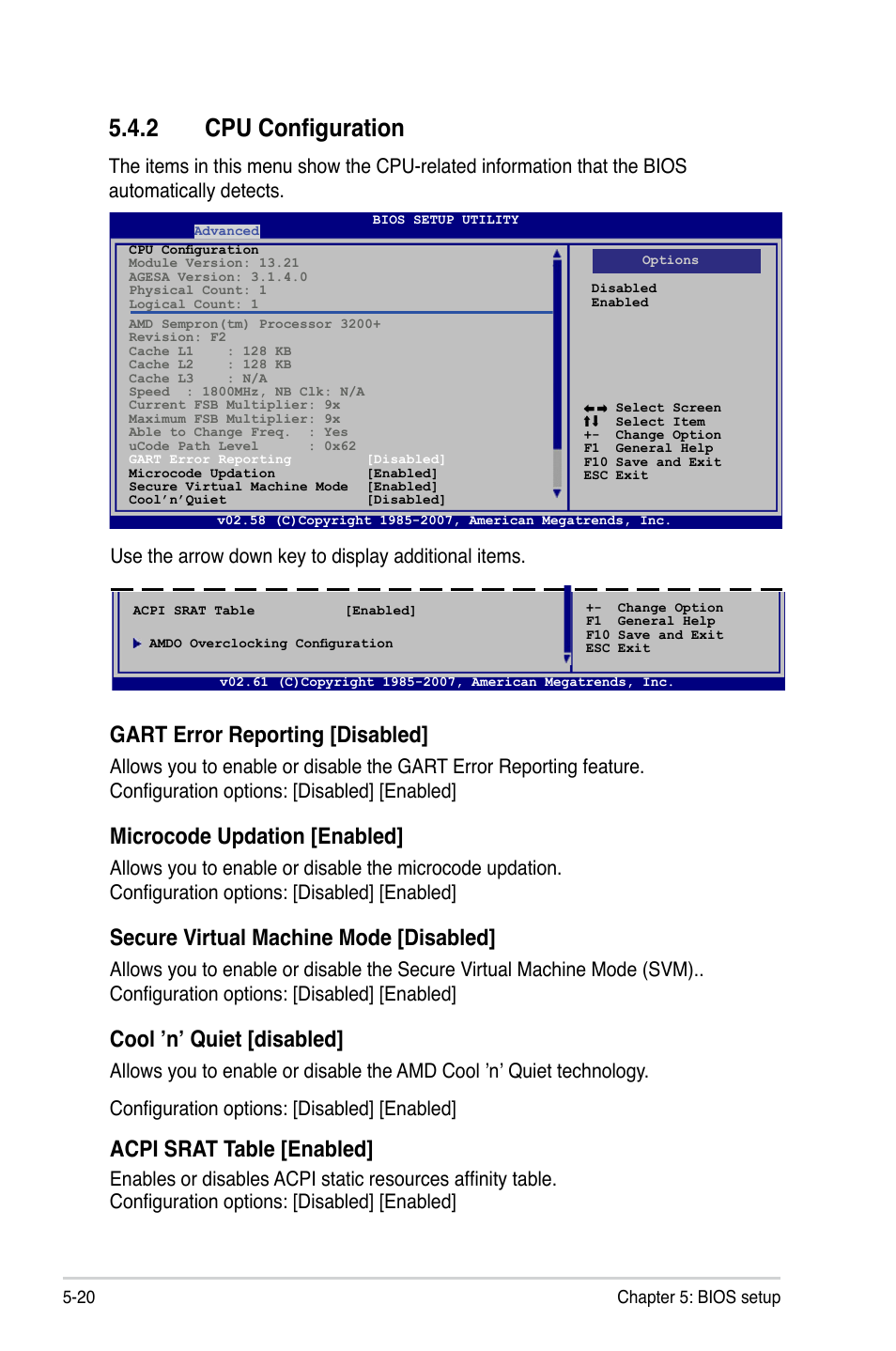 2 cpu configuration, Gart error reporting [disabled, Microcode updation [enabled | Secure virtual machine mode [disabled, Cool ’n’ quiet [disabled, Acpi srat table [enabled, Use the arrow down key to display additional items | Asus T4-M3N8200 User Manual | Page 72 / 92