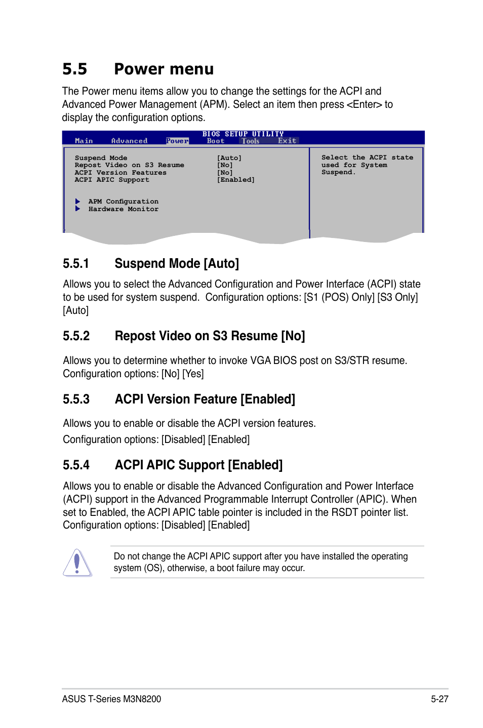 5 power menu, 1 suspend mode [auto, 2 repost video on s3 resume [no | 3 acpi version feature [enabled, 4 acpi apic support [enabled | Asus T4-M3N8200 User Manual | Page 79 / 92