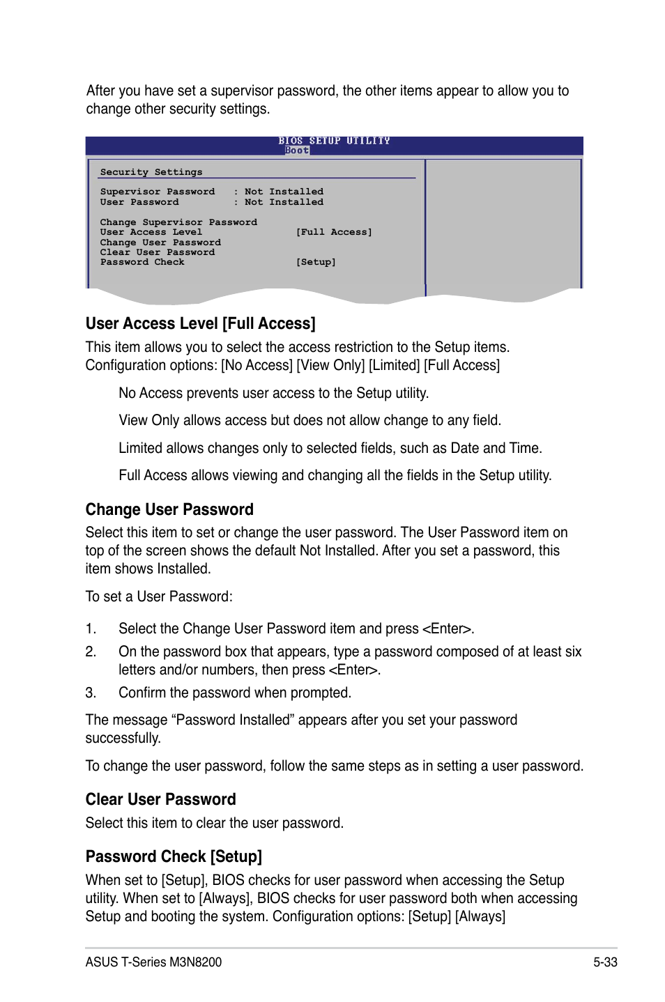 User access level [full access, Change user password, Clear user password | Password check [setup | Asus T4-M3N8200 User Manual | Page 85 / 92