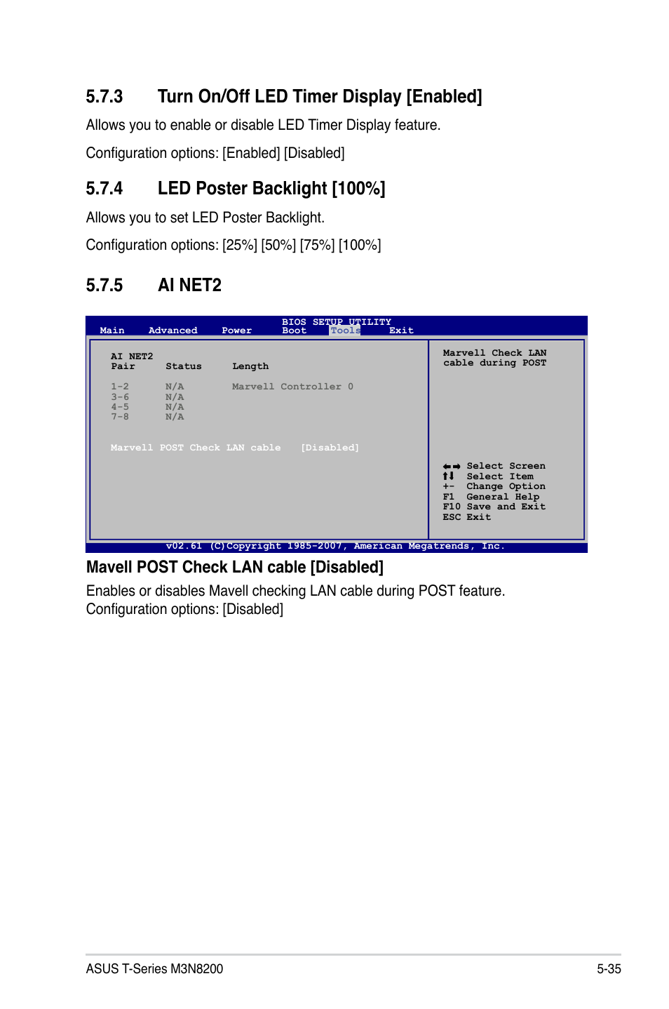 5 ai net2, 3 turn on/off led timer display [enabled, 4 led poster backlight [100 | Mavell post check lan cable [disabled | Asus T4-M3N8200 User Manual | Page 87 / 92