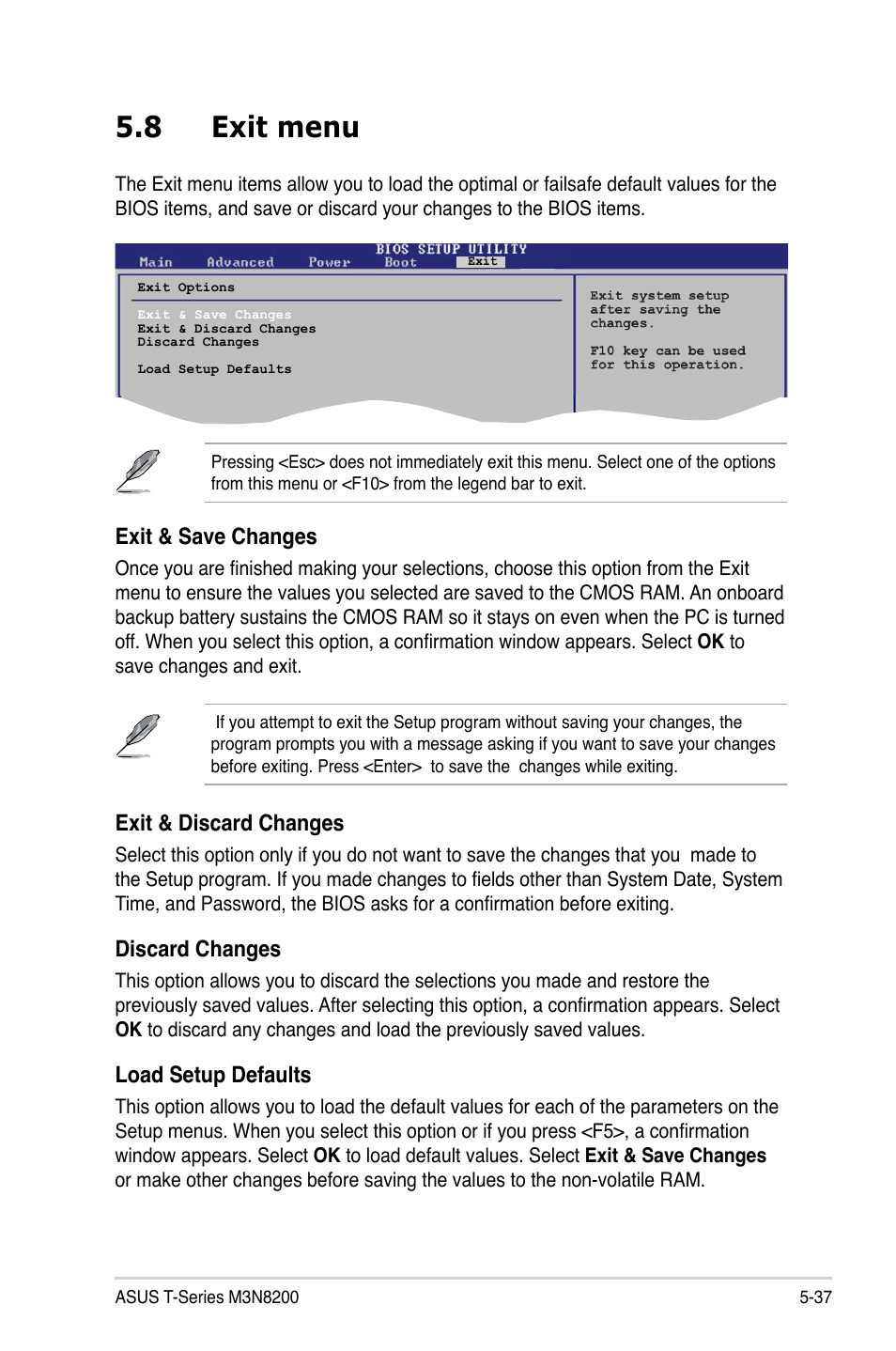 8 exit menu, Exit & discard changes, Discard changes | Load setup defaults, Exit & save changes | Asus T4-M3N8200 User Manual | Page 89 / 92