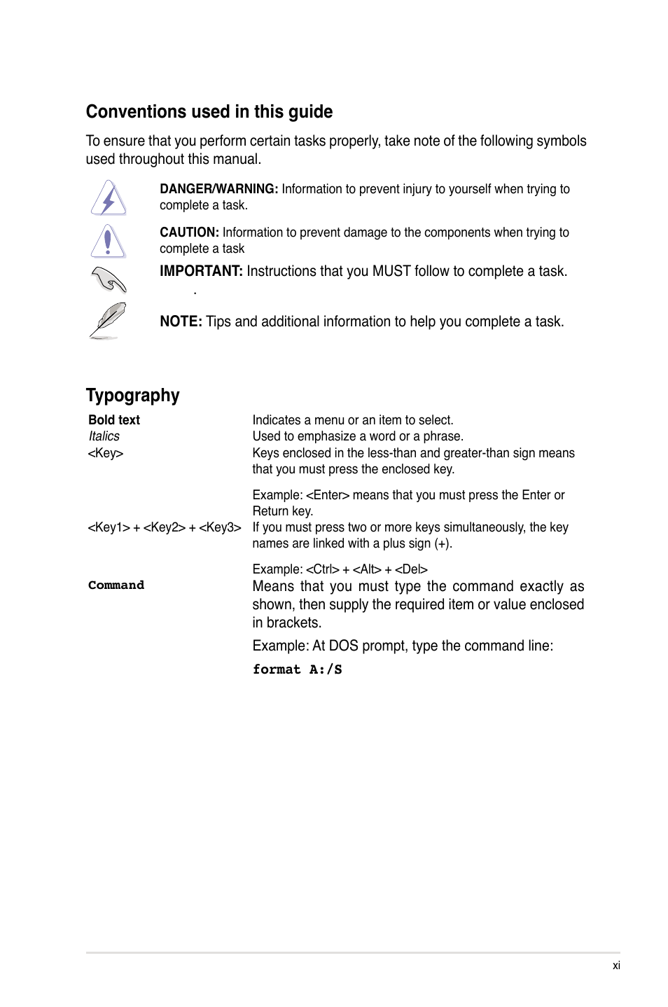 Conventions used in this guide, Typography | Asus Z9PE-D16-10G/DUAL User Manual | Page 11 / 202