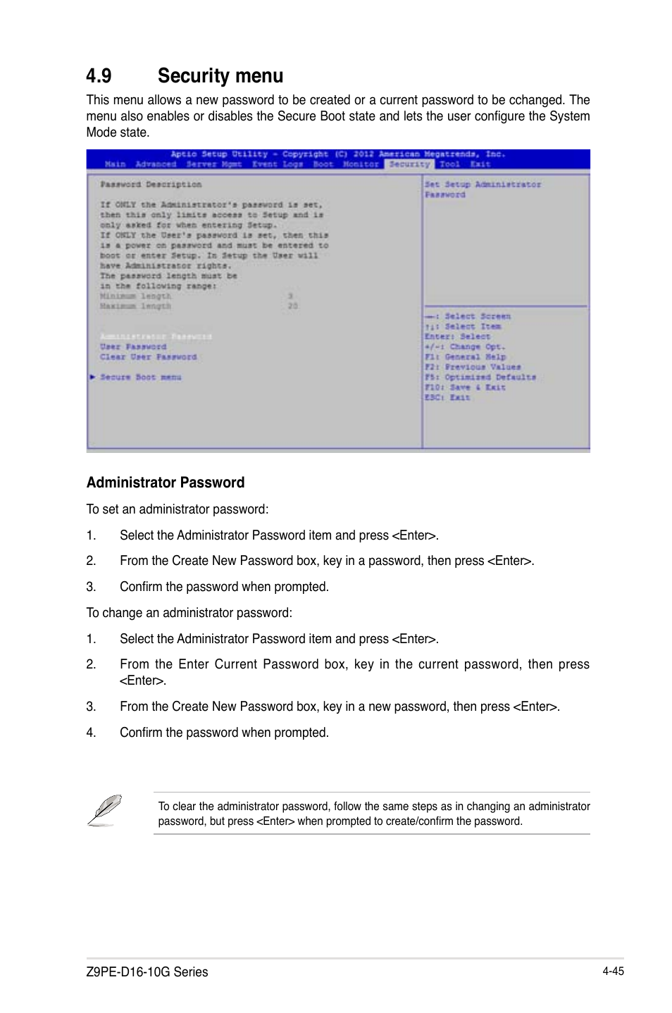 9 security menu, Security menu -45 | Asus Z9PE-D16-10G/DUAL User Manual | Page 113 / 202