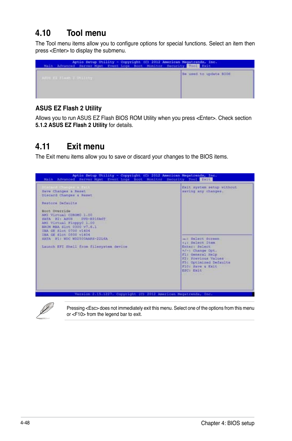 10 tool menu, 11 exit menu, Tool menu -48 | Exit menu -48, Tool menu -47, Exit menu -47 | Asus Z9PE-D16-10G/DUAL User Manual | Page 116 / 202