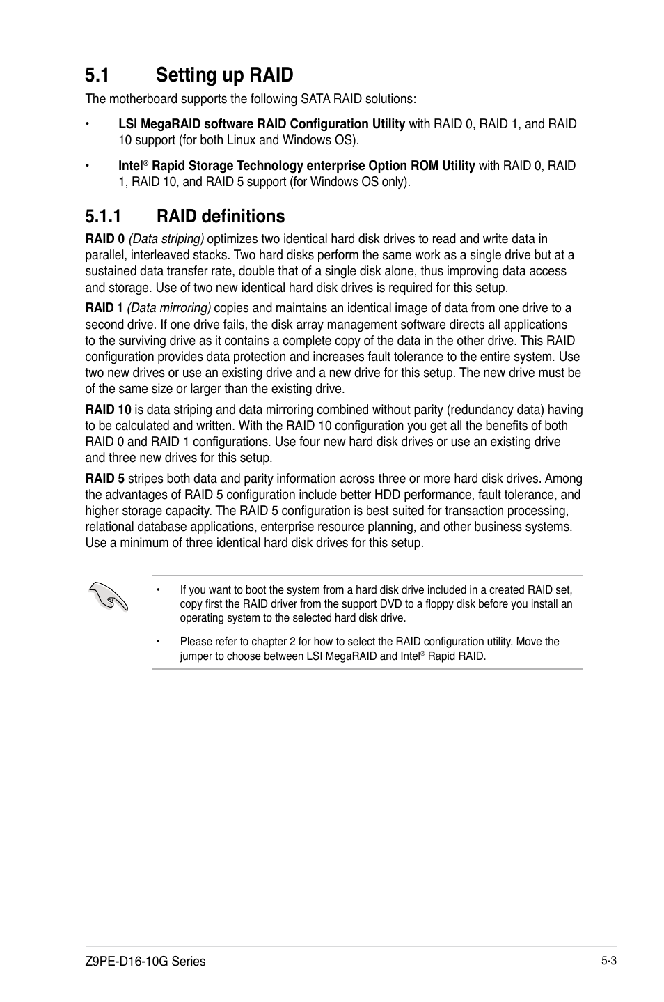 1 setting up raid, Setting up raid -3 5.1.1, Raid definitions -3 | Setting up raid -3, 1 raid definitions | Asus Z9PE-D16-10G/DUAL User Manual | Page 121 / 202