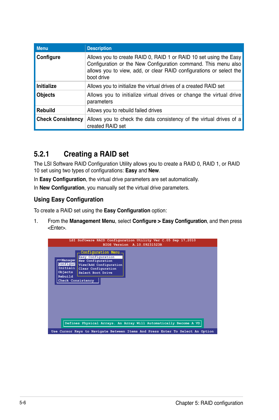 Creating a raid set -6, 1 creating a raid set, Using easy configuration | Asus Z9PE-D16-10G/DUAL User Manual | Page 124 / 202