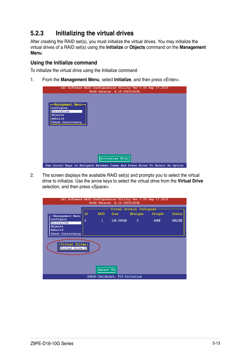 Initializing the virtual drives -13, 3 initializing the virtual drives, Using the initialize command | Asus Z9PE-D16-10G/DUAL User Manual | Page 131 / 202