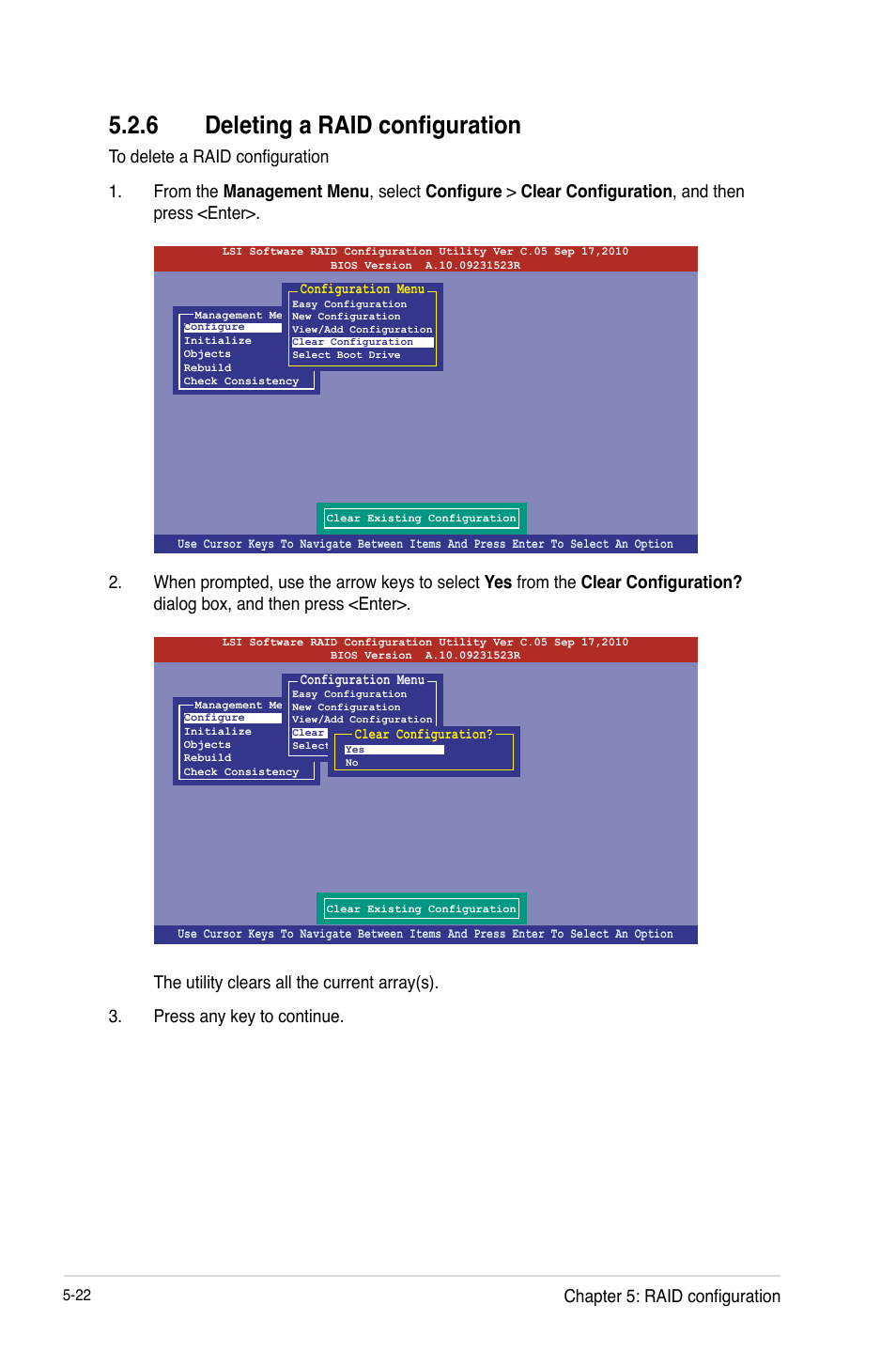 Deleting a raid configuration -22, 6 deleting a raid configuration, Chapter 5: raid configuration | Asus Z9PE-D16-10G/DUAL User Manual | Page 140 / 202
