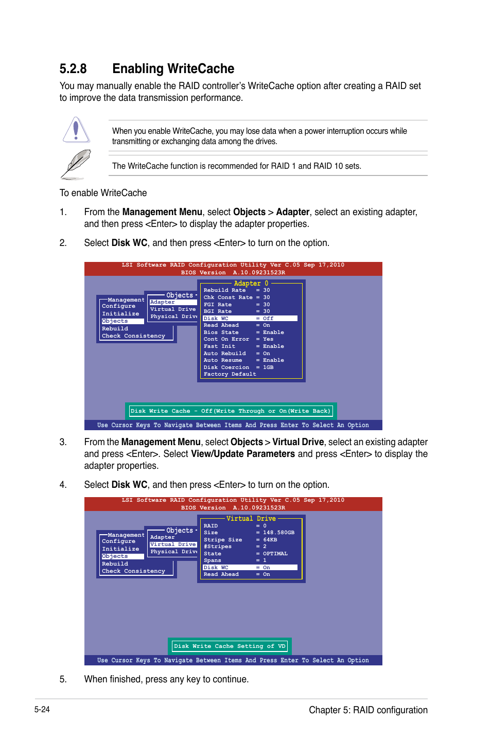 Enabling writecache -24, 8 enabling writecache, Chapter 5: raid configuration | Asus Z9PE-D16-10G/DUAL User Manual | Page 142 / 202