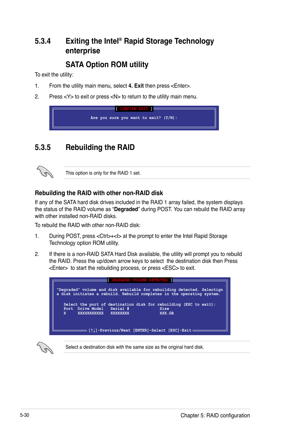 Exiting the intel, Rapid storage technology enterprise, Sata option rom utility -30 | Rebuilding the raid -30, 5 rebuilding the raid, 4 exiting the intel | Asus Z9PE-D16-10G/DUAL User Manual | Page 148 / 202