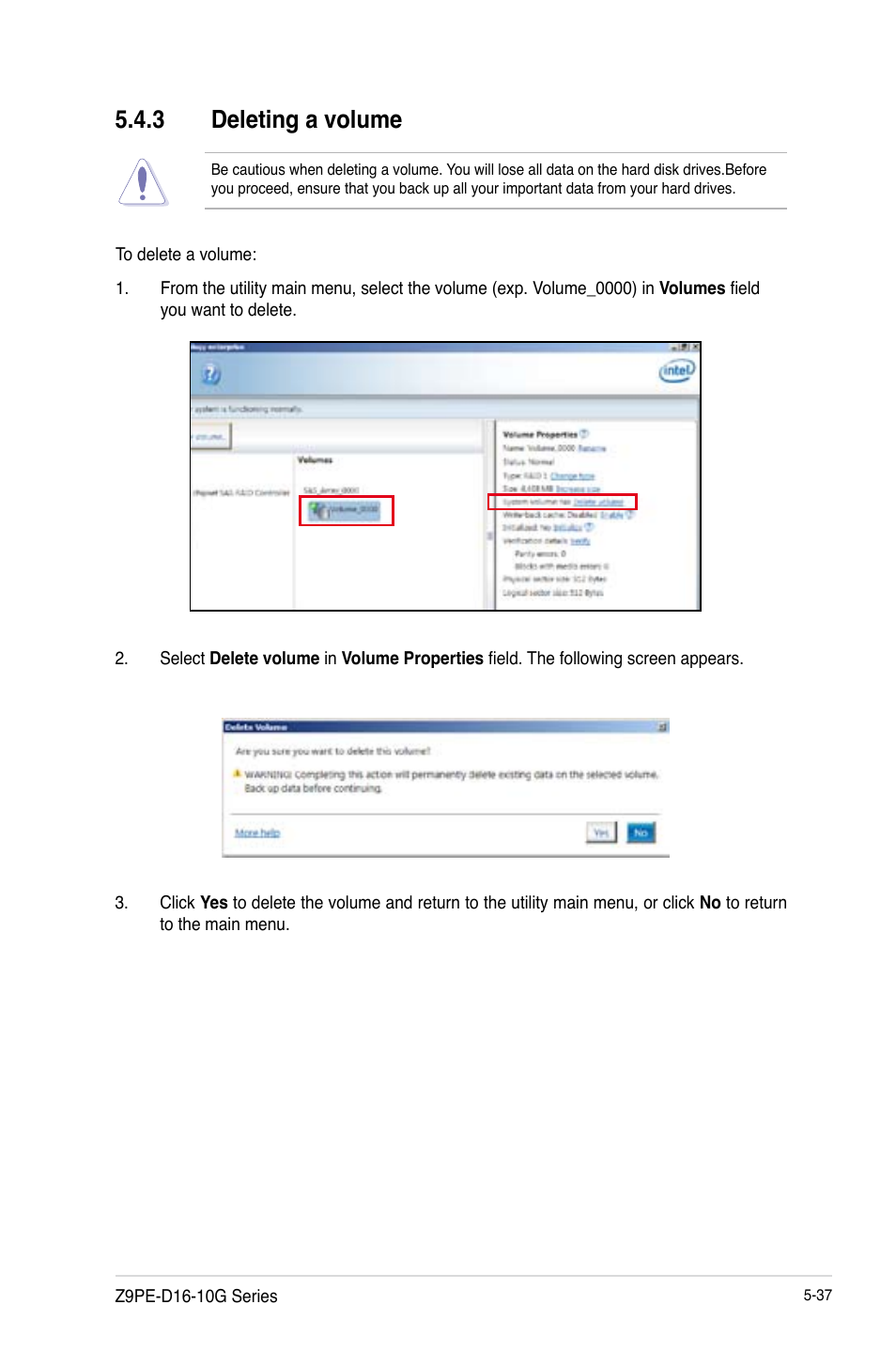 Deleting a volume -37, 3 deleting a volume | Asus Z9PE-D16-10G/DUAL User Manual | Page 155 / 202