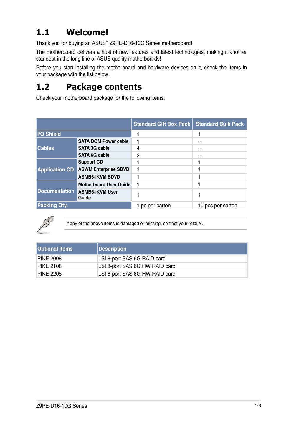 1 welcome, 2 package contents, Welcome! -3 | Package contents -3 | Asus Z9PE-D16-10G/DUAL User Manual | Page 17 / 202