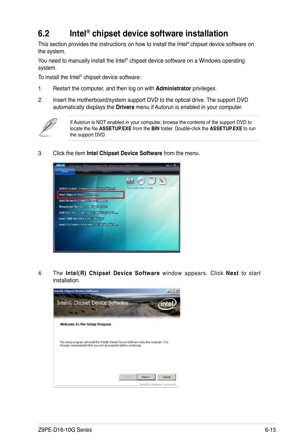 Intel, Chipset device software installation -15, 2 intel | Chipset device software installation | Asus Z9PE-D16-10G/DUAL User Manual | Page 171 / 202