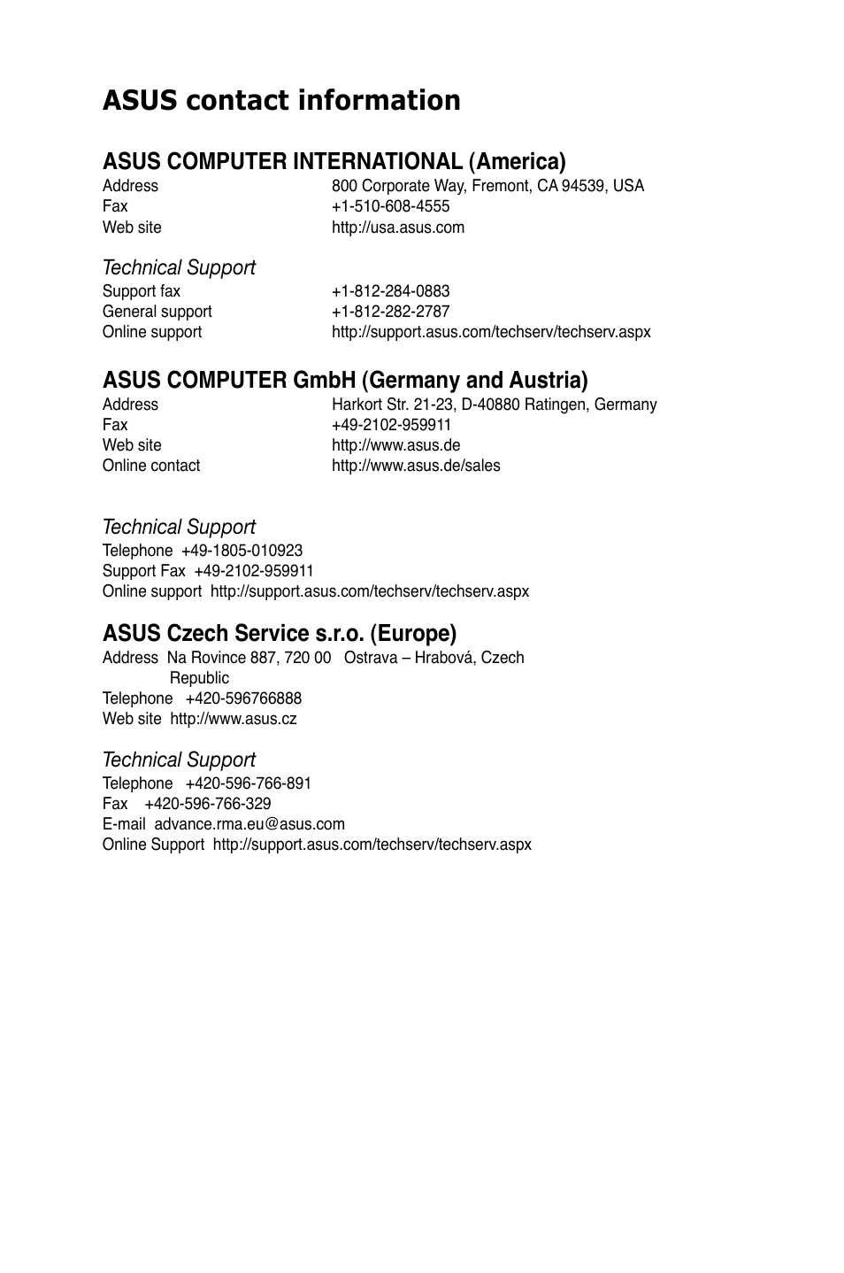 Asus contact information, Asus computer international (america), Asus computer gmbh (germany and austria) | Asus czech service s.r.o. (europe), Technical support | Asus Z9PE-D16-10G/DUAL User Manual | Page 198 / 202